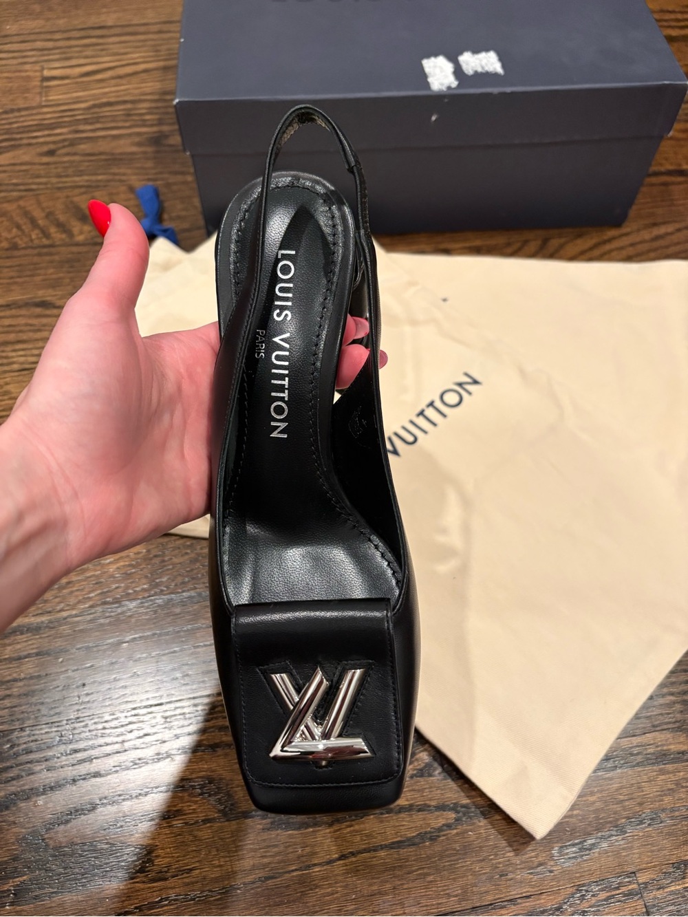 Louis Vuitton Black Leather Peep-Toe Slingback Heels with Silver LV Emblem - Picture 4 of 11